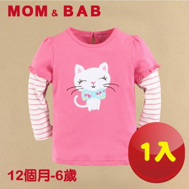 【MOM AND BAB】可愛貓咪圓領T恤長袖純棉上衣(12M-6T)限量搶購