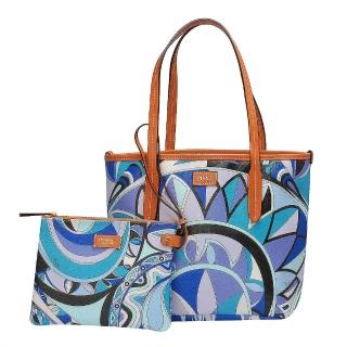 【EMILIO PUCCI】幾何印花牛皮飾邊子母包(小-松石綠-附萬用小袋41BE20-41239-H59)