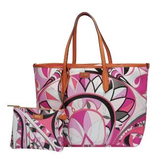 【EMILIO PUCCI】幾何印花牛皮飾邊子母包(大-粉紅-附萬用小袋41BE10-41219-H58)