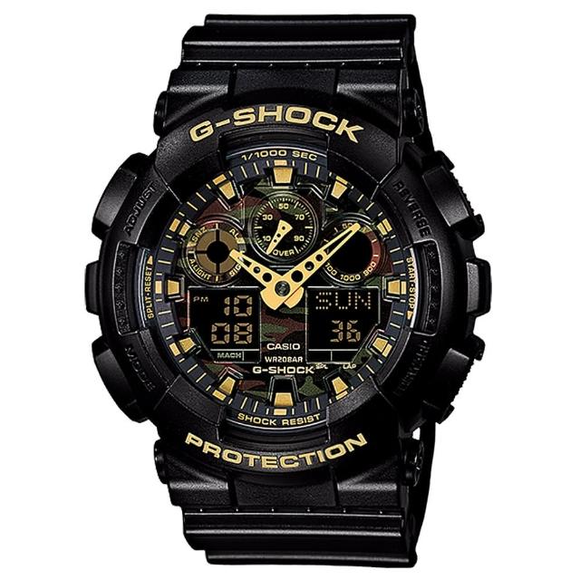 【CASIO 卡西歐 G-SHOCK 系列】黑金迷彩紋路錶盤_雙顯男錶(GA-100CF-1A9)強檔特價