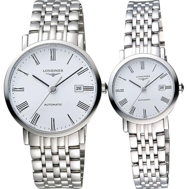 【LONGINES】Elegant 優雅系列羅馬機械對錶-白(L49104116+L43104116)