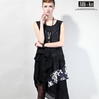 【Jilli-ko】歐美時尚傾斜下擺修身拼接雪紡連身裙(黃/白)