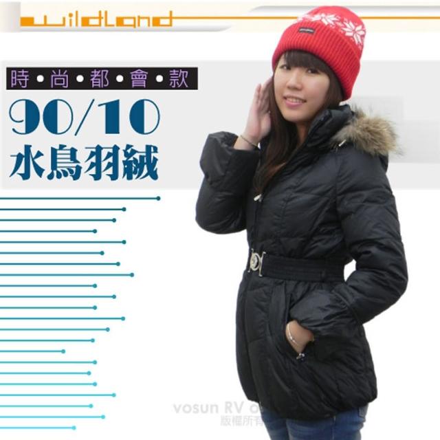 【荒野 wildland】女款 中長版 貉子毛單件式保暖羽絨外套/大衣.保暖外套(92107 黑色)限量搶購