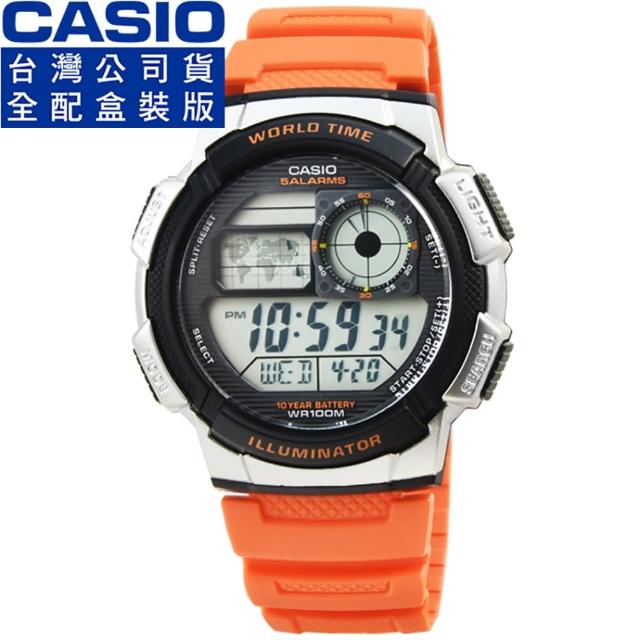 【CASIO】卡西歐多時區鬧鈴電子膠帶錶-橘(AE-1000W-4B)比價