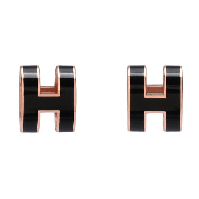 【HERMES】經典立體H LOGO簍空橢圓穿式耳環(黑X玫瑰金H608001F-NOIR-ROSE)