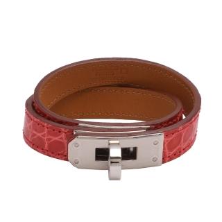【HERMES】經典Kelly Double Tour銀色轉釦鱷魚皮革二圈手環(紅X銀H066303CK-RED-SS-S)