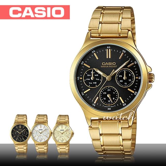 【CASIO 卡西歐】防水_不鏽鋼錶帶_金離子鍍金_氣質指針_女錶(LTP-V300G)