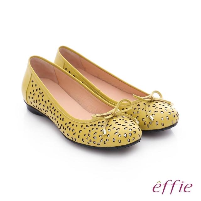 如何購買【effie】都會舒適 全真皮鏤空金箔蝴蝶結飾平底鞋(黃)