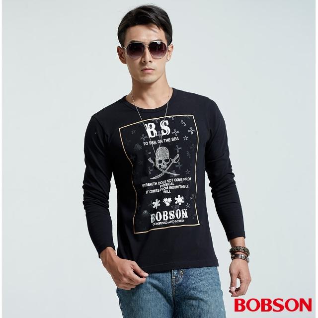 【BOBSON】男款圓領印圖上衣(黑35026-88)如何購買?