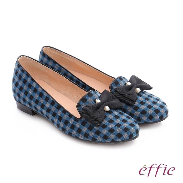 如何購買【effie】都會舒適 全真皮豔彩格紋拼接珍珠蝴蝶低跟鞋(藍)