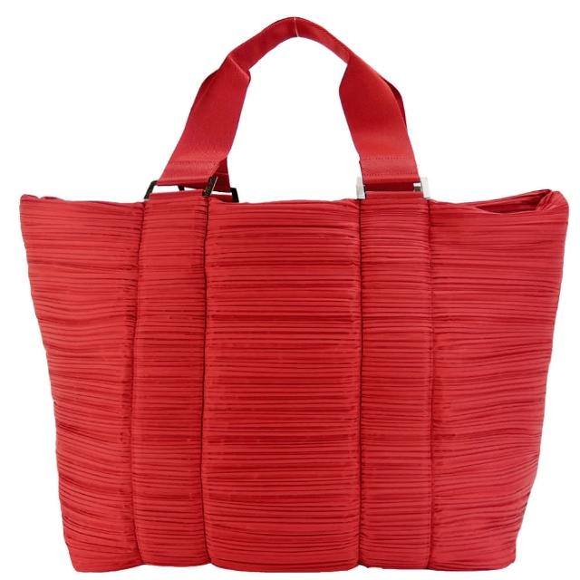 【ISSEY MIYAKE 三宅一生】PLEATS PLEASE QUILTING素面褶紋肩背/托特旅行包袋(大/紅)