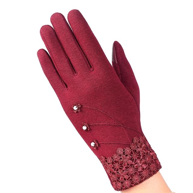 【幸福揚邑】防風加絨觸控騎車開車保暖棉手套-典雅蕾絲(紅色)限時下殺