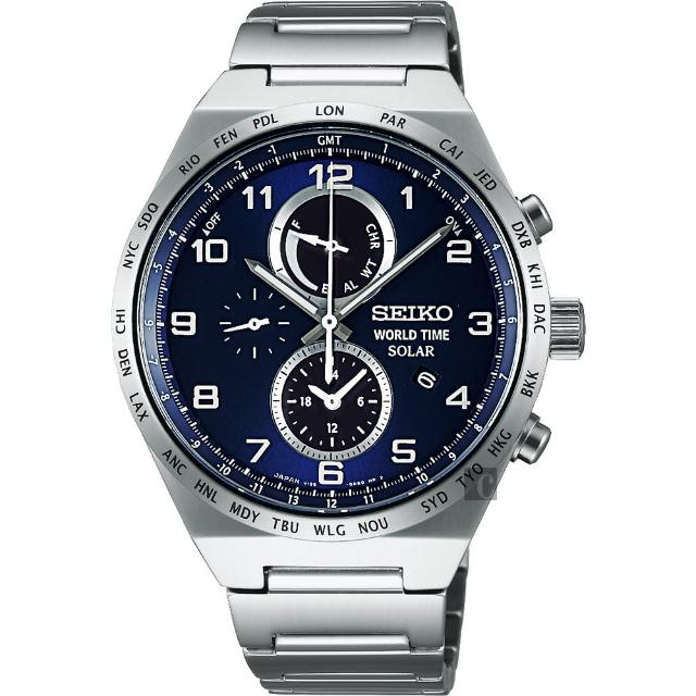 【SEIKO】精工 SPIRIT 太陽能兩地時間計時腕錶-藍/41mm(V195-0AE0B  SBPJ023J)