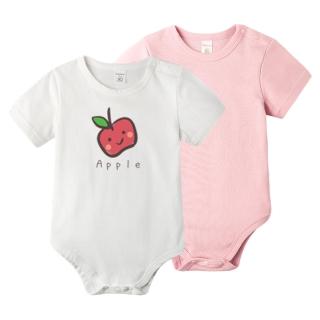 【baby童衣】任選 純棉短袖數位印花素面包屁衣 2件組 61119(小蘋果+粉)