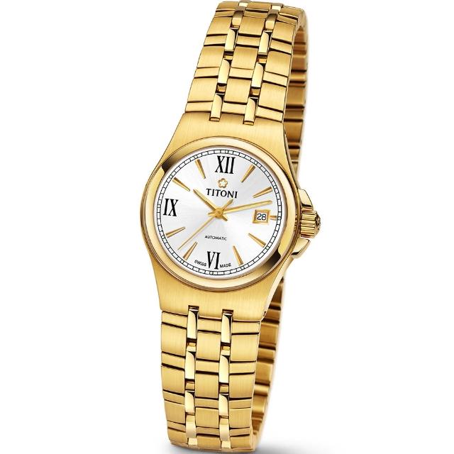 【TITONI 瑞士梅花錶】Impetus 動力系列-銀白色錶盤金色鍊帶錶帶/27mm(23730 G-520)
