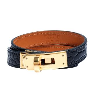 【HERMES】經典Kelly Double Tour金色轉釦鱷魚皮革二圈手環(黑-S-Q年H066303CK89S-BLK-OR)