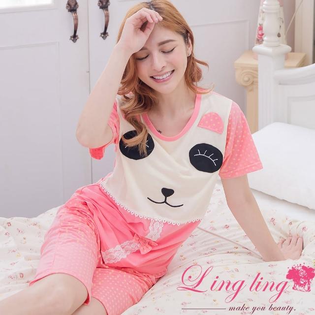 【lingling日系】PA2959全尺碼-蝴蝶結蕾絲熊貓睡臉圓點短袖二件式睡衣組(魅力深粉)