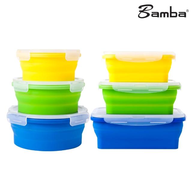 【Bamba】神奇摺疊矽膠保鮮盒 長方形 三件組+圓形 三件組(矽膠 摺疊 保鮮餐盒)