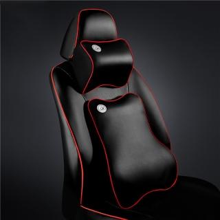 【威力鯨車神】高科技太空記憶棉手工皮製汽車頭枕腰靠組(黑色紅邊)