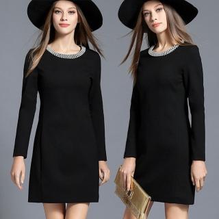 【麗質達人】2630黑色釘珠長袖洋裝(M-5XL)