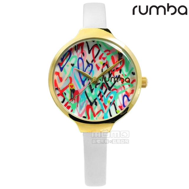 【RumbaTime】Orchard Love 紐約設計師品牌 彩色愛心礦石玻璃防水真皮手錶 紅綠藍x金框x白 32mm(RU27877)