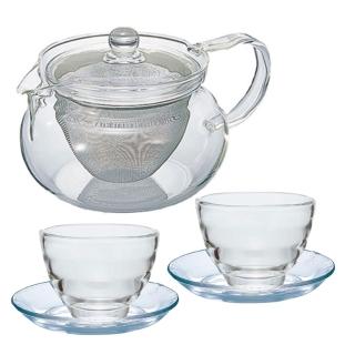 【HARIO】茶茶急須丸形茶壺450ml及2入湯吞杯盤(禮盒組)
