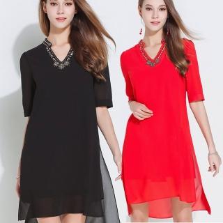 【麗質達人】2690釘珠五分袖雪紡洋裝(M-5XL)