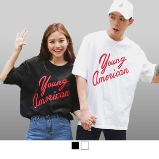 【男人幫】大尺碼 黑色 Young American 印花 自創純棉短袖T恤(T1544)