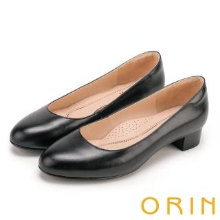 【ORIN】簡約時尚OL 圓尖素面嚴選牛皮粗低跟鞋(黑色)