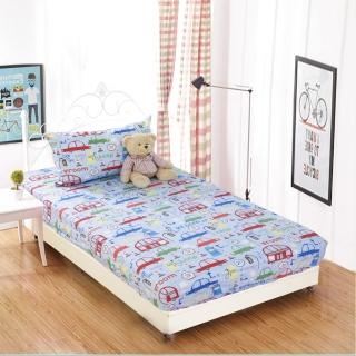 【BOREII】防蹣防水透氣純棉印花保潔墊床包組-忙碌交通-單人(100%防水 保潔墊 戒尿布 防蹣寢具 床包)