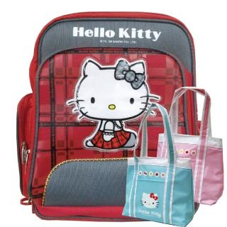 【imitu 米圖】HELLO KITTY 凱蒂貓蘇格蘭格紋高級護脊書包+保溫萬用袋(1+1組合品)