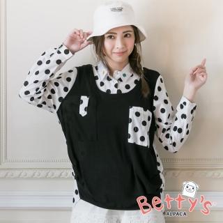 【betty’s 貝蒂思】波卡圓點拼接針織長袖襯衫(黑色)