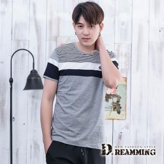【Dreamming】簡約橫條品味萊卡彈力圓領短T(共二色)