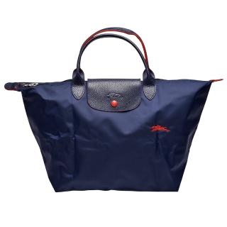 【LONGCHAMP】經典Collection系列刺繡摺疊暗釦/拉鍊短提把尼龍水餃包(中-海軍藍色1623619-556)