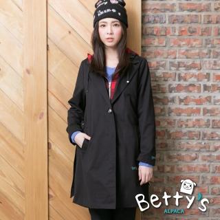 【betty’s 貝蒂思】格紋帽抽繩拉鍊排釦長版大衣(黑色)