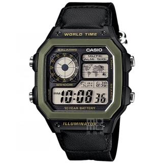 【CASIO 卡西歐】CASIO 卡西歐多時區鬧鈴電子帆布帶錶-綠框黑帆布(AE-1200WHB-1B)