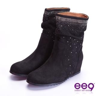 【ee9】璀璨奢華閃耀鑲嵌亮鑽素面平底中筒靴 黑色(中筒靴)