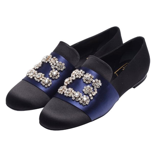【ROGER VIVIER】經典Strass Loafers水晶鑲飾造型緞面休閒鞋(黑X海軍藍RVW30018370RS01993)