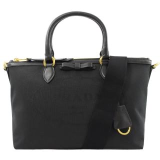 【PRADA 普拉達】復古大LOGO帆布手提二用包(黑灰)