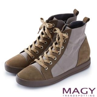 【MAGY】個性街頭 牛皮拼接防水布面綁帶內增高短靴(綠色)