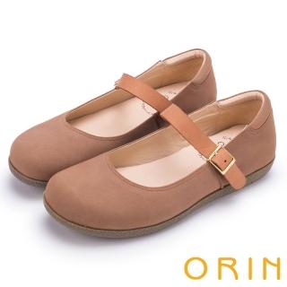 【ORIN】渡假休閒必備 牛皮素面腳背帶休閒平底鞋(棕色)