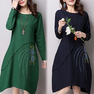 【K.W.】民族風素色印花洋裝 M-XL(共2色)