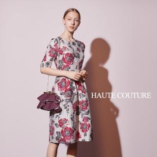 【ICHE 衣哲】Haute Couture 高定系 進口3D精緻玫瑰提花造型禮服洋裝-山茶紅