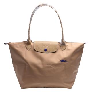 【LONGCHAMP】經典Collection系列刺繡摺疊暗釦/拉鍊長提把尼龍水餃包(大-駝色1899619-841)