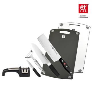 【ZWILLING 德國雙人】加大升級雙面抗菌砧板x2+蔬果刀+廚刀7吋+中式片刀+刨刀+磨刀器