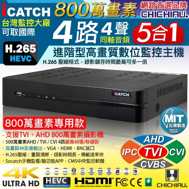 【CHICHIAU】H.265 4路4聲DTV 800萬AHD TVI CVI 5MP台製iCATCH數位高清遠端監控錄影主機