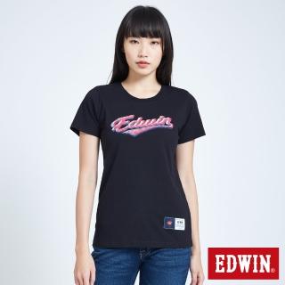 【EDWIN】復古運動 仿繡花復古短袖T恤-女款(黑色)