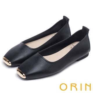 【ORIN】率性簡約 金屬方頭牛皮平底鞋(黑色)