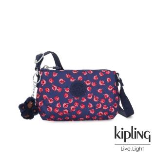 【KIPLING】古典茜紅小花長形拉鍊側背包-MELY
