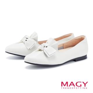 【MAGY】樂活甜美 扭結蝴蝶結素面牛皮平底鞋(白色)